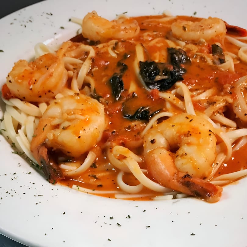 Genova's Italian Restaurant's shrimp scampi with linguine pasta, red sauce, and herbs on a white plate.