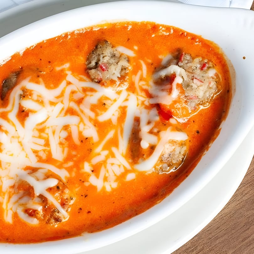 Genova's Italian Restaurant's meatballs baked in marinara sauce with melted mozzarella cheese in a white dish.